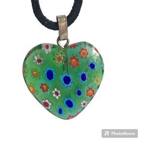 Murano Glass Heart Necklace Millefiori Multicolor Flower Vintage Valentines Gift
